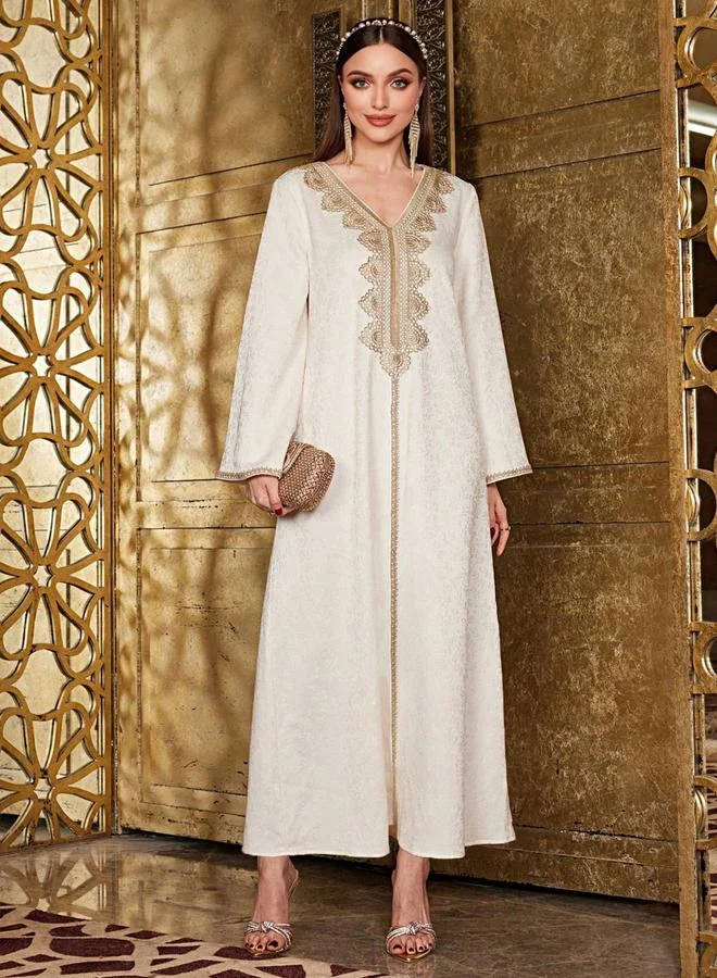 Take Two beige Beige V Neck Embroidered Panel Jalabiya for Women | Best Price UAE